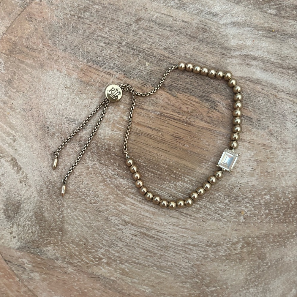 🌿🦋 Ralph Lauren Gold Beaded Bracelet with Crystal Charm